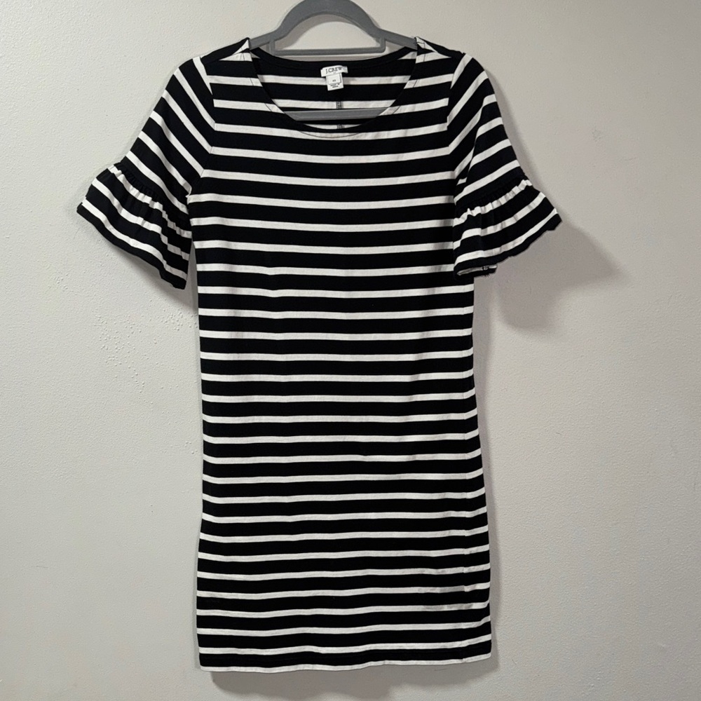 J. Crew Black and White Striped Mini Dress ruffle sleeve round neck #6112